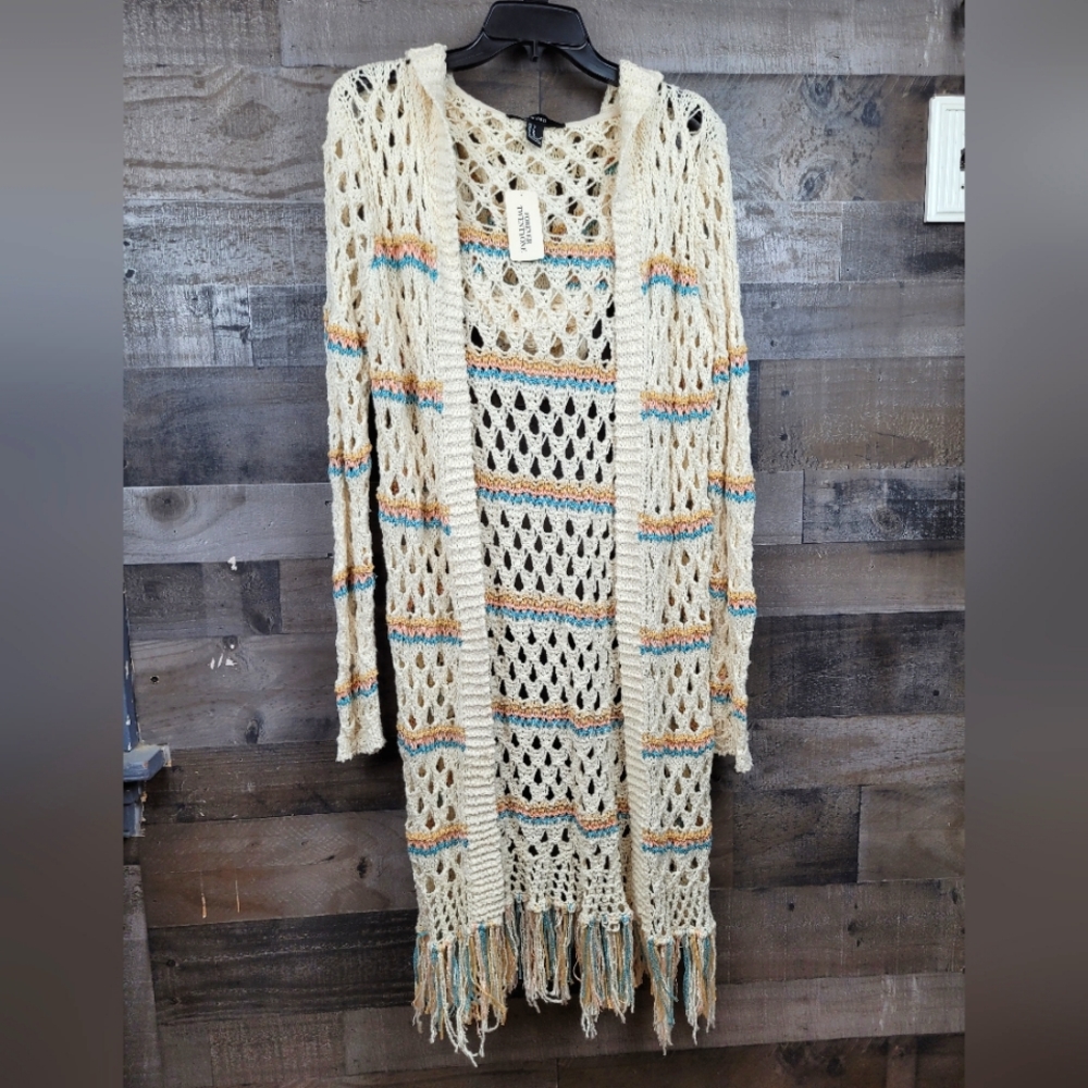 Forever 21 Open Cardigan Hoodie Crochet Knit Fringe Hem